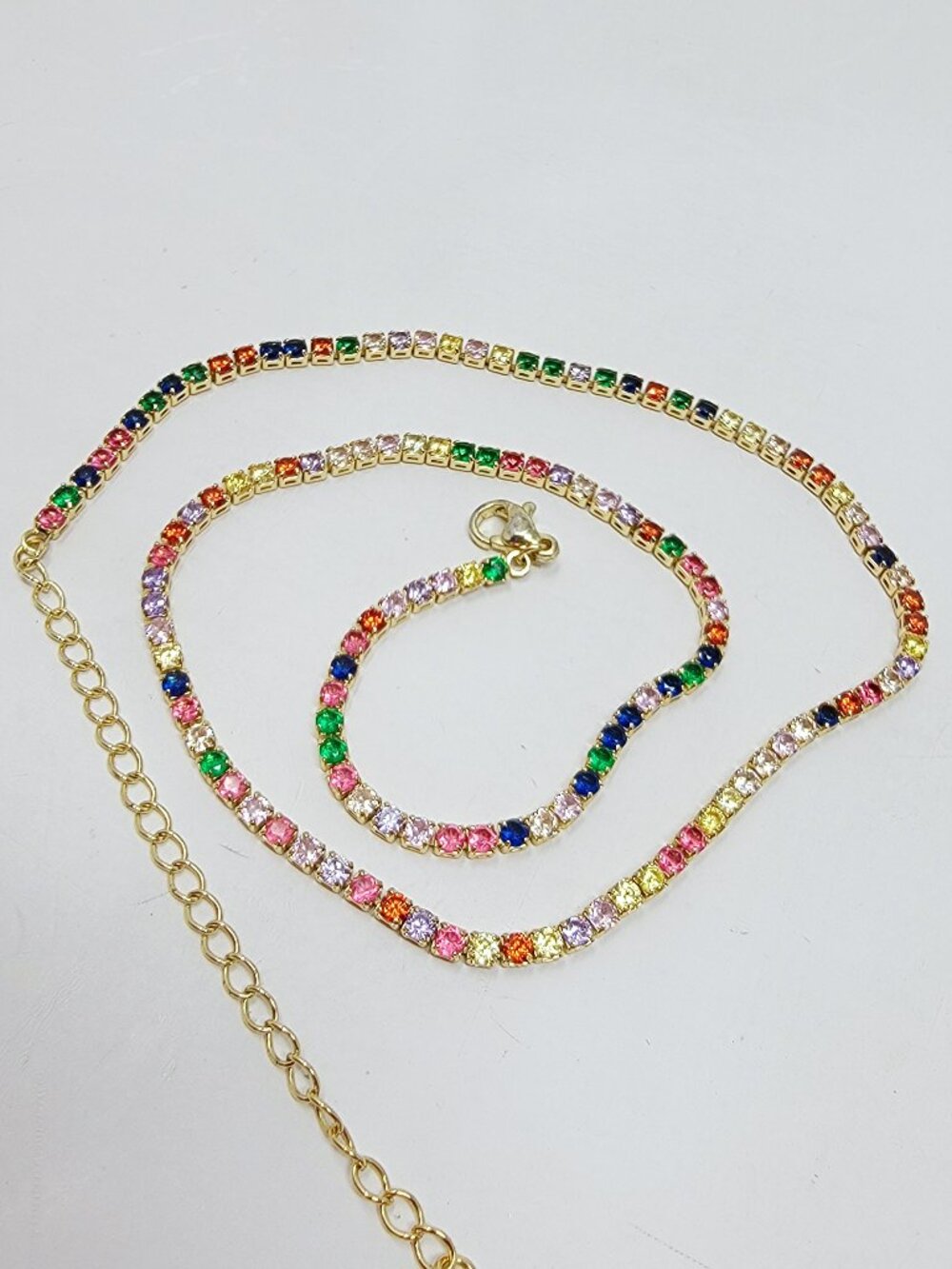 Multicolor Prong Set Rhinestone Gold Tone Tennis Necklace